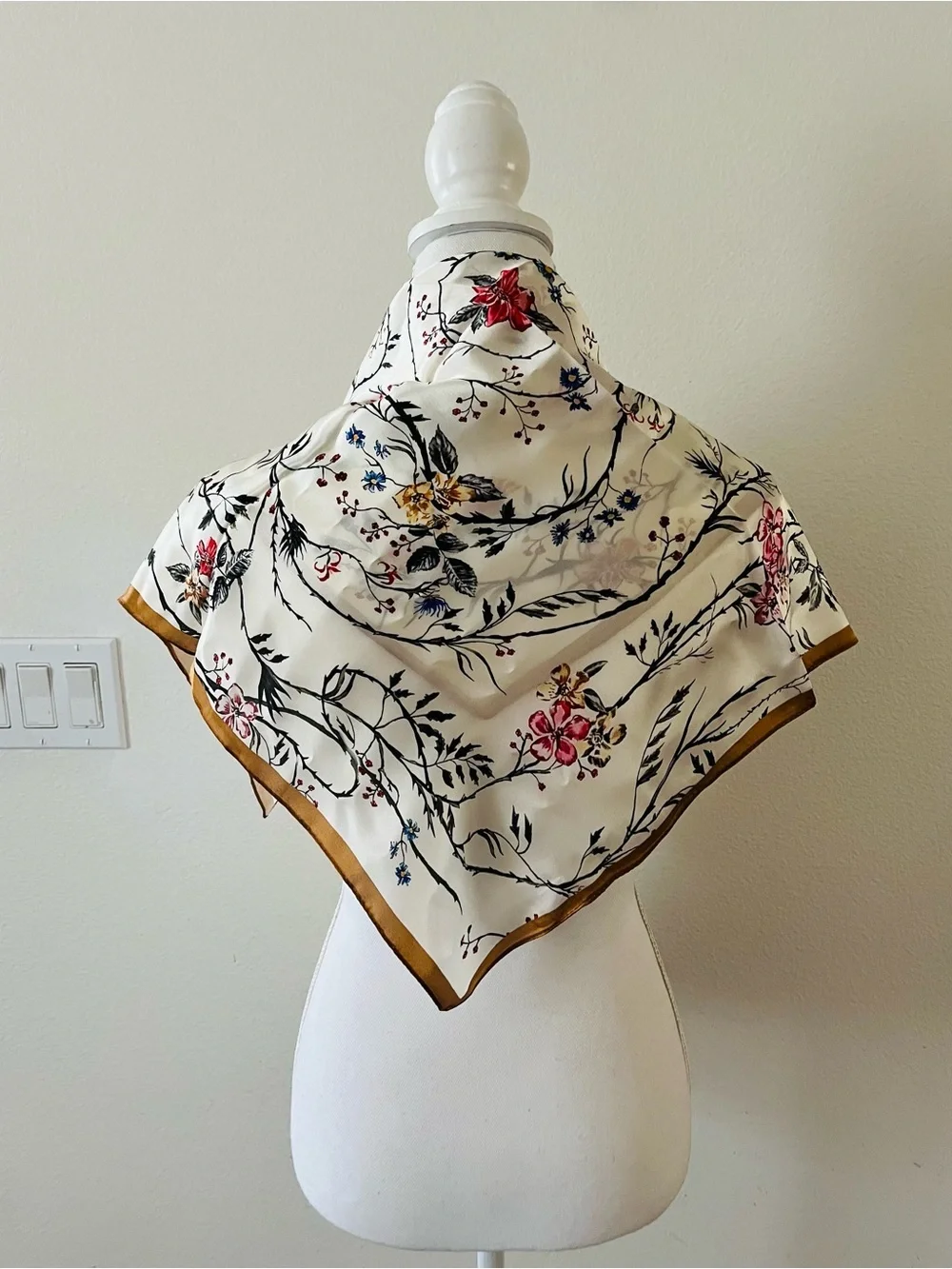 100 %Floral Silk Satin Scarf - Cream with Pink Flowers 26/26 inches